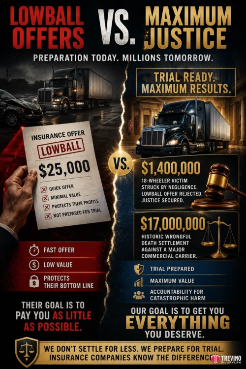 Multi-Million Dollar Verdicts vs. Lowball Corporate Settlements. A split poster contrasts “Lowball Offers” (left, cheap insurance offer of $25,000, with a clipboard and sad worker) and “Maximum Justice” (right, showing $1.4 million and $17 million verdicts, semi truck, judge’s gavel, scales, and the phrase: “We prepare for trial. We get you everything you deserve.”).