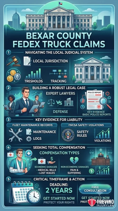 Navigating the Local Courtroom. Infographic titled "Bexar County FedEx Truck Claims" with courthouse, icons, and step-by-step legal process visuals, covering local jurisdiction, legal case building, key evidence, compensation types, and timeline, ending with a free consultation offer.