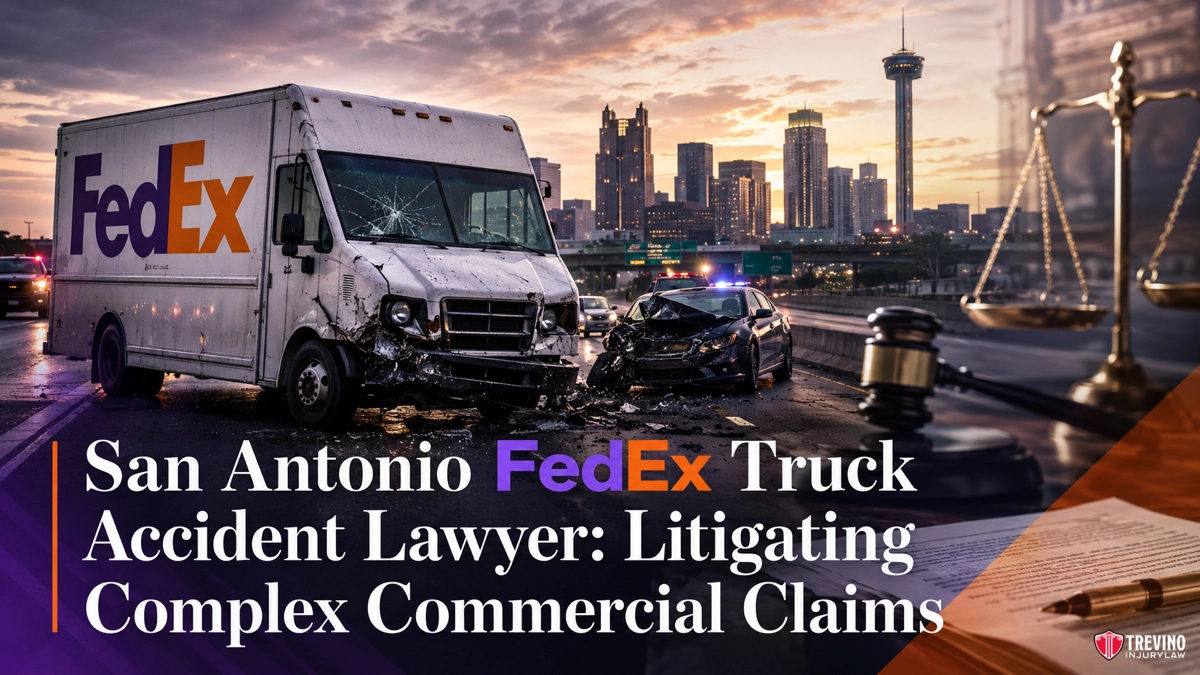 San Antonio FedEx Truck Accident Lawyer Litigating Complex Commercial Claims. A wrecked FedEx truck and a damaged black car are shown after a crash on a city street with the San Antonio skyline in the background. Text reads: “San Antonio FedEx Truck Accident Lawyer: Litigating Complex Commercial Claims.” Scales of justice appear on the right.