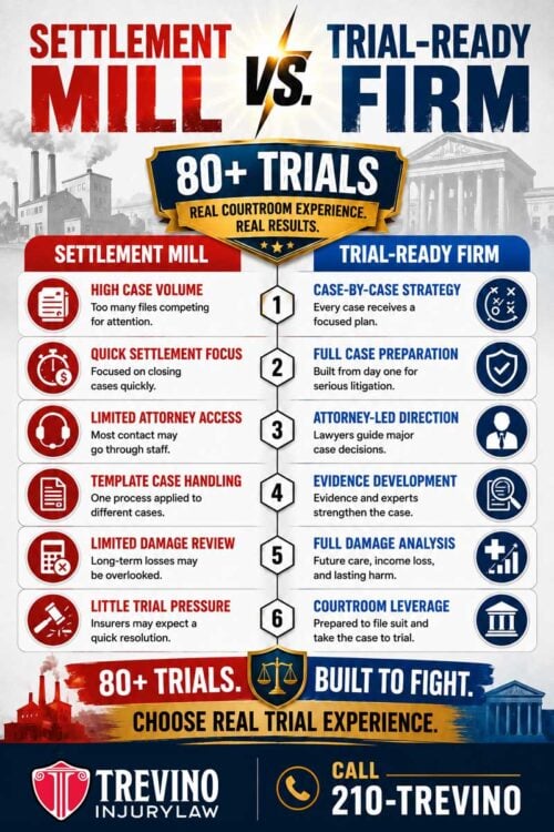 Infographic compares "Settlement Mill" law firms and "Trial-Ready" firms. Lists differences in case handling, attorney access, and results. Highlights 80+ trials handled by Trevino Injury Law. Contact info and phone number are at the bottom. Colors are mainly red, blue, and yellow.