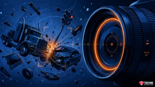 Should You Move Your Vehicle After a T-Bone Truck Crash at a San Antonio Intersection? A large truck crashes into a car, debris flying, within a camera lens’s focus. The scene is stylized with blue and orange tones. A shattered traffic light and scattered car parts emphasize the impact. Trevino Injury Law logo appears in the bottom right corner.