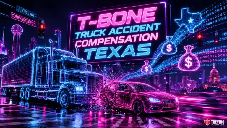 T-bone truck accident compensation Texas. A neon art image shows a semi-truck and car colliding at night in a city. Bold signs read “T-Bone Truck Accident Compensation Texas.” Neon dollar signs, Texas outlines, and city buildings appear in the vibrant background. Trevino Injury Law’s logo is in the corner.