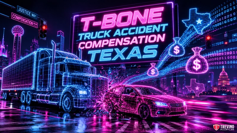 T-bone truck accident compensation Texas. A neon art image shows a semi-truck and car colliding at night in a city. Bold signs read “T-Bone Truck Accident Compensation Texas.” Neon dollar signs, Texas outlines, and city buildings appear in the vibrant background. Trevino Injury Law’s logo is in the corner.