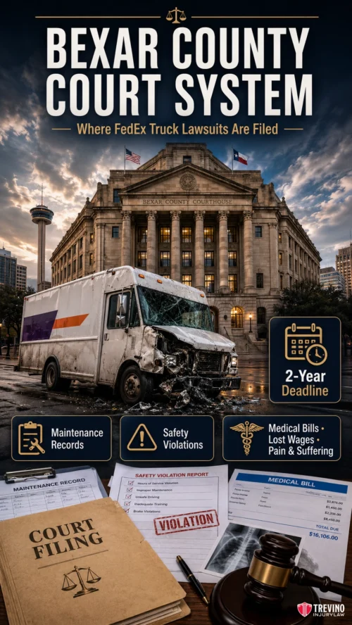 The Jurisdiction Blueprint Inside the Bexar County Court System. A damaged FedEx truck sits in front of the Bexar County Courthouse. Below are forms labeled "Maintenance Records," "Safety Violation Report," and "Medical Bill." Icons illustrate court filing, deadlines, records, violations, and injury claims.
