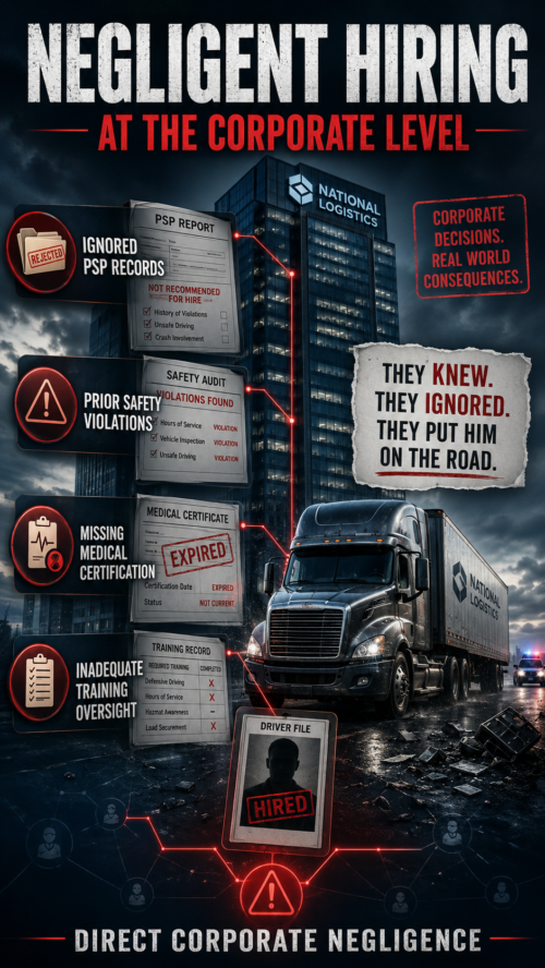 Uncovering Negligent Hiring Practices at the Corporate Headquarters Level. A nighttime graphic shows a truck labeled "National Logistics" in front of a tall office building. Infographics highlight hiring failures—ignored records, safety violations, expired medical certificates, and inadequate training—with bold warning text.
