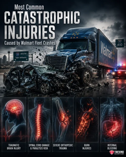 What Are The Most Common Catastrophic Injuries Caused By Walmart Fleet Crashes?. A Walmart truck and car collide on a dark road, causing severe damage. Below, illustrations depict traumatic brain injury, spinal cord damage, orthopedic trauma, burn injuries, and internal bleeding as possible outcomes.