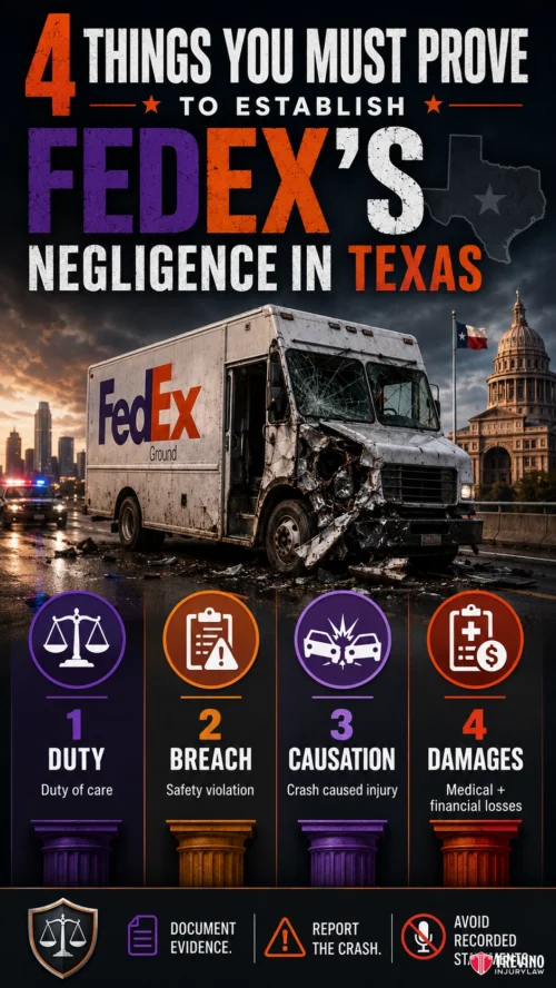What Are the 4 Things You Must Prove to Establish FedEx's Negligence in Texas?. A damaged FedEx Ground truck is shown at night with police lights and the Texas Capitol in the background. Text lists four proof requirements for negligence: duty, breach, causation, and damages, each with icons and brief descriptions.