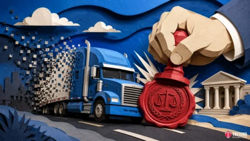 What Are the First Steps in a Texas Truck Accident Injury Claim? A blue semi-truck drives on a paper-cut road. A giant hand with a red legal stamp presses near it, scattering digital squares. In the background are paper-cut clouds, a courthouse, and blue sky. The scene is crafted in layered paper art style.