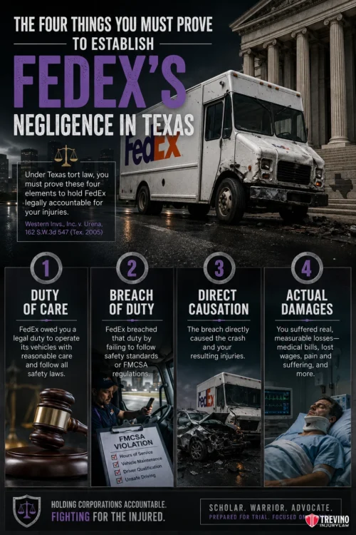 What Are the Four Things You Must Prove to Establish FedEx's Negligence in Texas?. An infographic explains the four elements to prove FedEx’s negligence in Texas: Duty of care, breach of duty, direct causation, and actual damages. It features a FedEx truck, legal icons, accident scene photo, and a courthouse in the background.