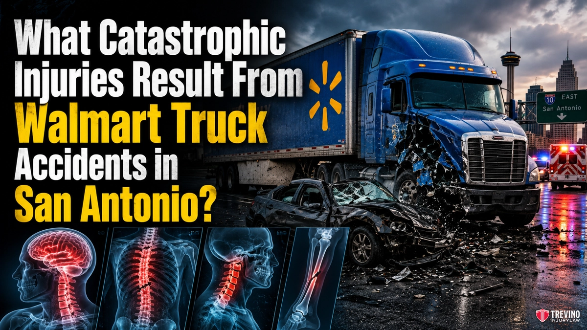 What Catastrophic Injuries Result From Walmart Truck Accidents in San Antonio?. Night scene of a blue Walmart semi-truck crashed into a black car, debris scattered. Text asks about catastrophic injuries from Walmart truck accidents in San Antonio. Four X-ray images of spinal injuries appear at the bottom. Trevino Law Firm logo is present.