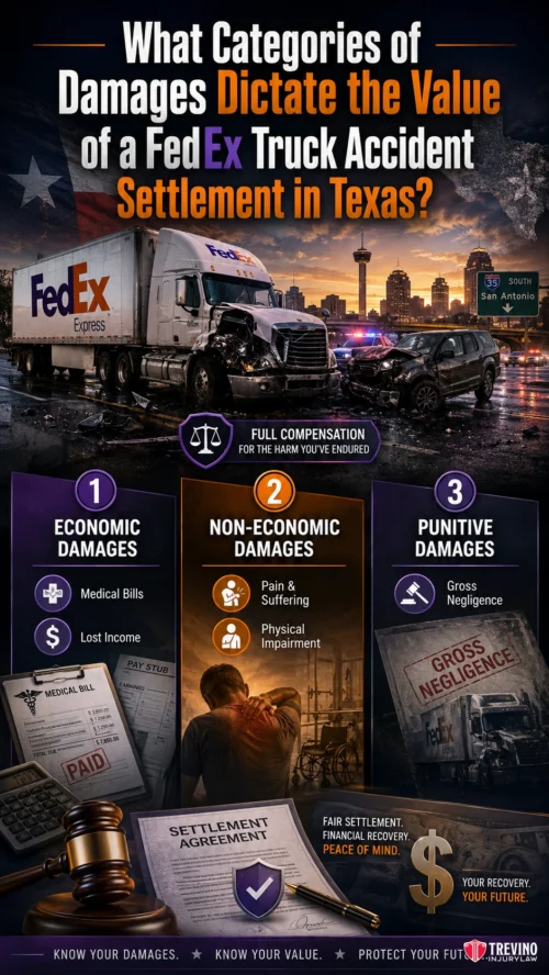 What Categories of Damages Dictate the Value of a FedEx Truck Accident Settlement in Texas?. An infographic with a crashed FedEx truck, police car, and city skyline, explains three categories of damages in Texas FedEx truck accident settlements: Economic (medical bills, lost income), Non-Economic (pain, suffering, impairment), and Punitive (gross negligence).