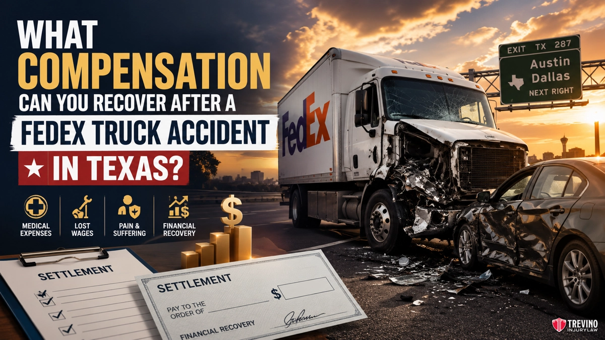 What Compensation Can You Recover After a FedEx Truck Accident in Texas?. A damaged FedEx truck and a car after a crash block a highway near a sign for Austin and Dallas. Text asks about compensation after a FedEx truck accident in Texas, listing medical expenses, lost wages, pain & suffering, and financial recovery. Settlement checks are shown.
