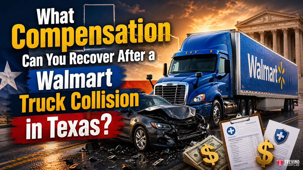 What Compensation Can You Recover After a Walmart Truck Collision in Texas?. A blue Walmart semi-truck and a damaged black car are in front of a courthouse. Text reads: “What Compensation Can You Recover After a Walmart Truck Collision in Texas?” Money, legal documents, and a Texas flag are also visible.
