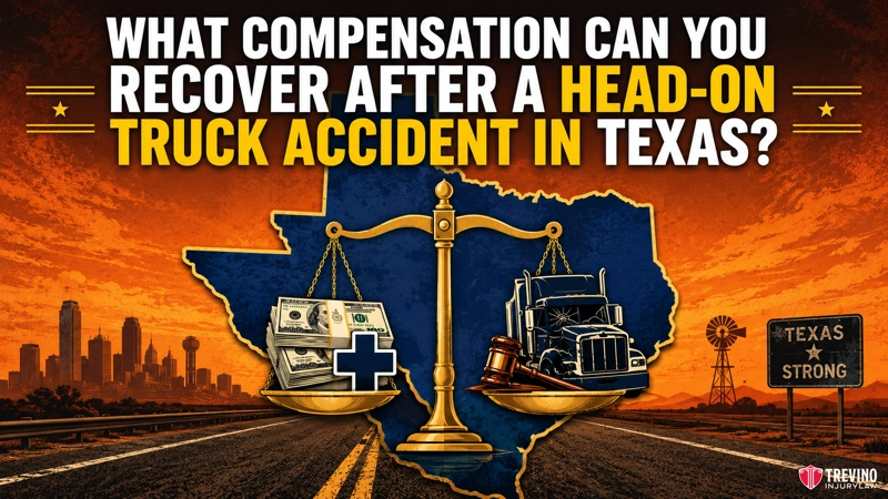 What Compensation Is Available After a Head-On Truck Accident in Texas? An image with a Texas map outline shows a golden scale. One side holds cash and a medical symbol; the other holds a gavel and legal books. Bold text at the top reads, "What compensation can you recover after a head-on truck accident in Texas?.