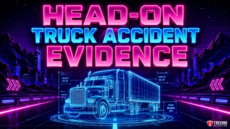 What Evidence Can Prove Who Caused a Head-On Truck Accident? A neon-colored digital graphic shows a blueprint-style semi-truck with “HEAD-ON TRUCK ACCIDENT EVIDENCE” in large, glowing pink and blue text above it. Geometric mountains and grid lines decorate the background. Trevino Law Firm’s logo appears in the corner.