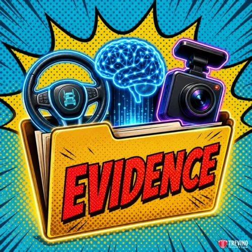 What Evidence Is Most Important for Filing an Insurance Claim After a Head-On Collision? A comic-style image shows a yellow folder labeled "EVIDENCE" in bold red letters. Emerging from the folder are a steering wheel, a digital brain image, and a dashboard camera, set against a blue dotted background with a yellow burst.