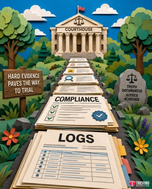 What Evidence Is Needed If I Am Planning to File a Lawsuit? Paper stacks labeled “LOGS” and “COMPLIANCE” form a path to a courthouse. A sign reads, “Hard evidence paves the way to trial.” A gravestone says, “Truth documented, justice achieved.” Trees, bushes, and flowers line the path in this paper art scene.