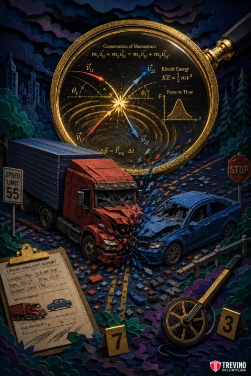 What Evidence Is Required to Prove the Truck Driver Was at Fault? A red semi-truck and blue car collide at night; debris flies as a magnifying glass highlights physics equations above. A crash report, stop sign, speed limit sign, streetlights, and broken surveyor’s compass appear. Trees and cityscape form the background.