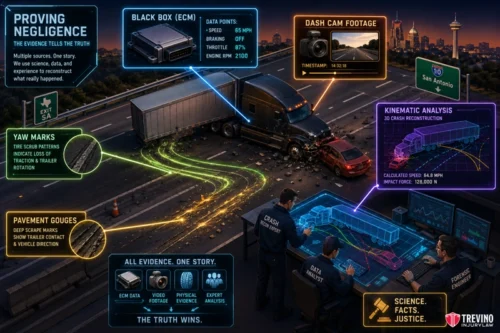 What Evidence Proves the 18-Wheeler Driver Caused the Head-On Crash? A nighttime crash scene with a jackknifed semi-truck and car. Investigators analyze dashcam video, truck black box data, yaw marks, and pavement gouges. Digital graphics overlay the scene, highlighting scientific methods used to prove negligence.