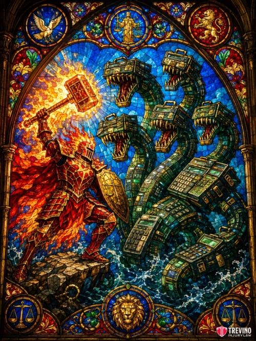 What Happens During the Claim Negotiation Phase? A stained glass artwork depicts a fiery knight in red armor wielding a glowing hammer and shield, battling a multi-headed green serpent above waves. Symbols of a dove, dragon, scales, and lion decorate the arched border.