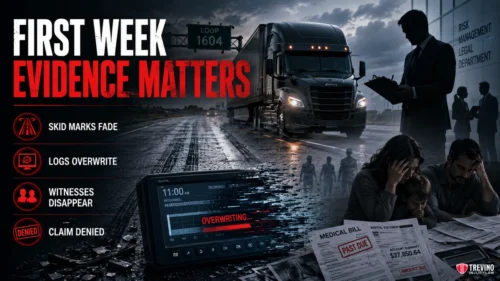 What Happens If You Do Not Preserve Evidence Within the First Week?. A semi-truck drives on a wet road at dusk, near a sign for Loop 1604. Bold red text reads "First Week Evidence Matters." Inset images show a digital log being overwritten, overdue bills, upset people, and legal documents. Icons warn of fading evidence after a crash.