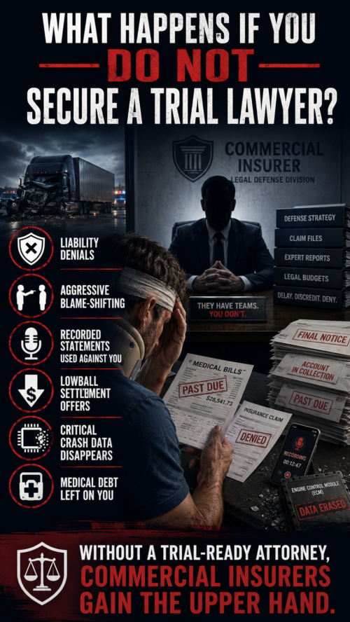 What Happens If You Do Not Secure a Trial Lawyer to Represent You Against a Commercial Insurer?. A worried man with a bandaged head and bills sits at a table, facing documents labeled “PAST DUE.” Behind him, a looming insurer’s office is seen at night. Infographics warn of insurer tactics like liability denials and medical debt if there’s no trial-ready attorney.