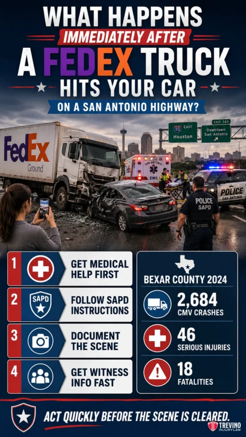 What Happens Immediately After a FedEx Truck Hits Your Car on a San Antonio Highway?. A FedEx truck has crashed into a white SUV on a busy city street, with emergency vehicles, police, and paramedics on the scene. Text explains what to do after a FedEx truck accident, Bexar County crash statistics, and emergency steps.
