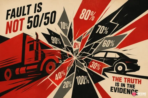 What Happens if Both Drivers Share Fault in a T-Bone Crash? Illustration of a red truck and black car crashing, with percentages like 10%, 70%, and 100% splitting from the impact point. Text reads "FAULT IS NOT 50/50" and "THE TRUTH IS IN THE EVIDENCE." Colors are red, black, and cream.