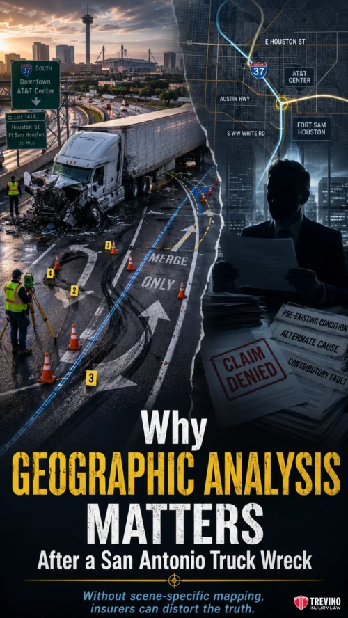 What Happens if You Do Not Analyze the Specific Geographic Factors of Your San Antonio Truck Wreck?. A semi-truck crash scene shows police, damaged vehicles, and city buildings. Overlay includes colorful road maps, report papers, and a denied insurance claim. Text reads, “Why Geographic Analysis Matters After a San Antonio Truck Wreck.”.