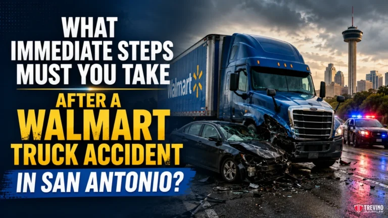 What Immediate Steps Must You Take After a Walmart Truck Accident in San Antonio?. A blue Walmart truck has crashed into a black car on a wet road in San Antonio. Police cars with flashing lights are present. The text reads: “What immediate steps must you take after a Walmart truck accident in San Antonio?”.