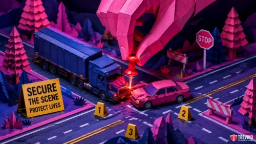 What Immediate Steps Must You Take at the Scene of a Head-On 18-Wheeler Crash? A large pink hand places a red pushpin at the crash site of a pink car and blue truck at a nighttime intersection. Yellow evidence markers, a “SECURE THE SCENE PROTECT LIVES” sign, and STOP sign are visible amid purple trees and barricades.