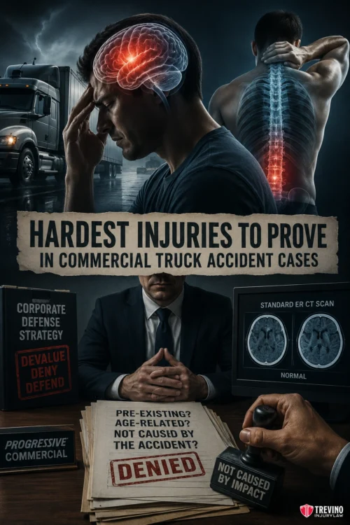What Is The Hardest Injury To Prove In A Commercial Truck Accident Lawsuit?. A man holds his painful back while an X-ray highlights his spine. Below, a suited man sits at a desk with denied paperwork, legal files, and brain scans. Headings mention the difficulty of proving injuries in commercial truck accident cases.