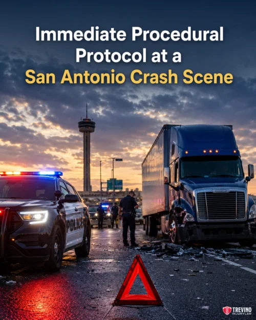 What Is The Immediate Procedural Protocol Required At A San Antonio Crash Scene?. Police car with lights flashing, an officer, a semi-truck, and a warning triangle are on a wet road at sunrise or sunset. The San Antonio Tower is in the background. Text reads, “Immediate Procedural Protocol at a San Antonio Crash Scene.”.