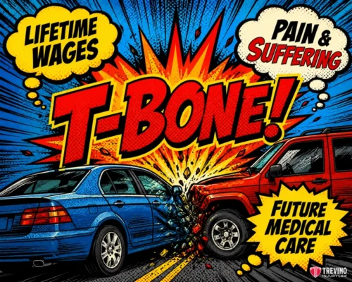 What Is a Commercial Truck T-Bone Accident Worth in Texas? Comic-style image of a blue car T-boning a red SUV, with bright impact lines. Words “Lifetime Wages,” “Pain & Suffering,” and “Future Medical Care” in yellow bursts. Large “T-BONE!” text in center. Trevino Injury Law logo bottom right.