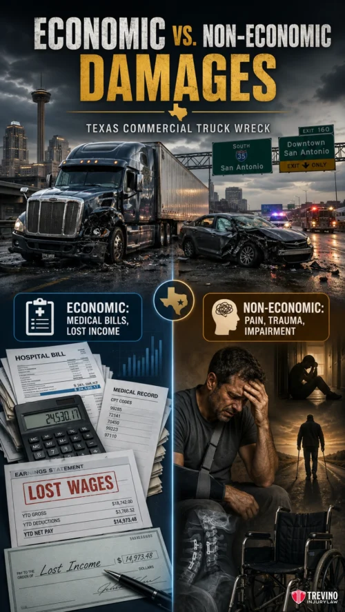What Is the Difference Between Economic and Non-Economic Damages in a Texas Commercial Truck Wreck?. A semi-truck accident scene at night splits into two sections: left shows hospital bills and lost wages for economic damages; right shows a distressed man for non-economic damages like pain, trauma, and impairment. Texas highway signs appear above.