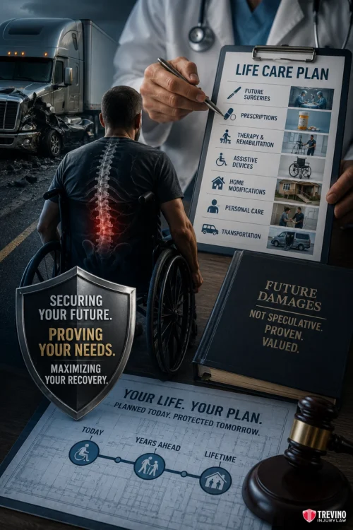 What Is the Role of a Life Care Planner in Valuing a Catastrophic Truck Injury Claim?. A man in a wheelchair faces a clipboard labeled "LIFE CARE PLAN." Behind him is a truck crash and a doctor. Books titled "FUTURE DAMAGES" and a gavel are on the desk, emphasizing legal and medical planning after an accident.