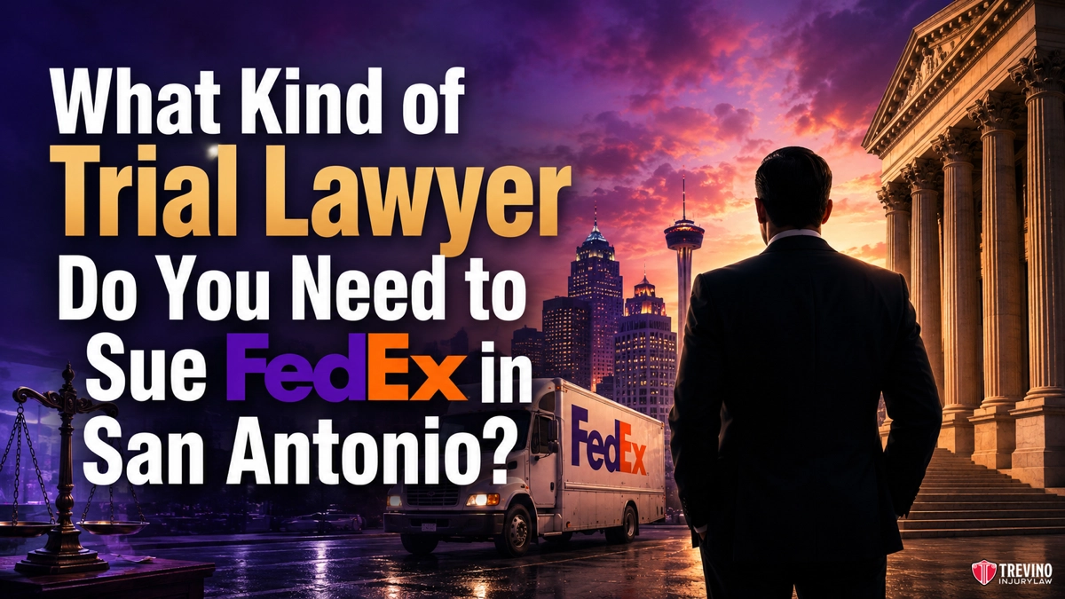 What Kind of Trial Lawyer Do You Need to Sue FedEx in San Antonio?. A man in a suit faces a FedEx truck, city skyline, and courthouse columns at sunset. Large text asks: “What Kind of Trial Lawyer Do You Need to Sue FedEx in San Antonio?” Trevino Injury Law logo is at the bottom right.
