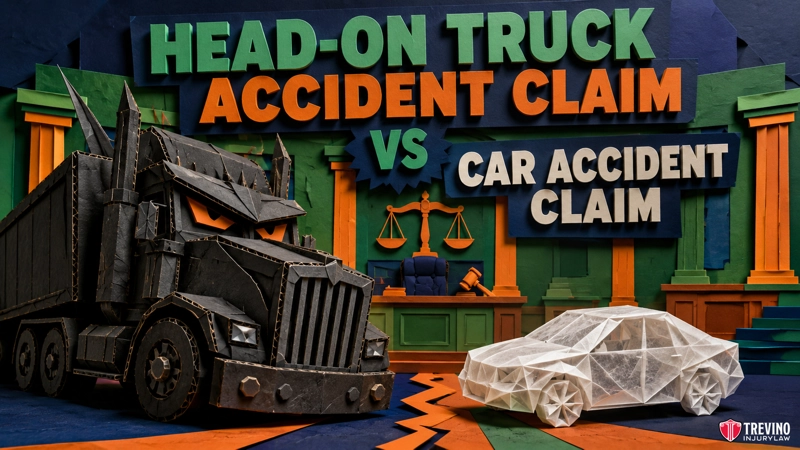 What Makes Head-On Truck Accident Claims Different From Car Accident Claims? A cardboard black truck and white car face off in a courtroom setting. Large green and orange text reads “HEAD-ON TRUCK ACCIDENT CLAIM VS CAR ACCIDENT CLAIM.” A cartoon scale and law books are in the background. Trevino Injury Law logo is in the corner.