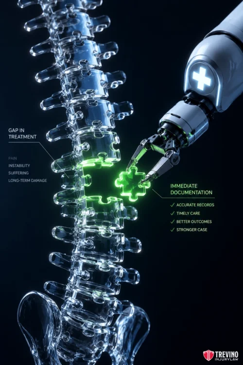 What Medical Documentation is Essential for Head-On Collision Trauma? A robotic arm with a medical cross inserts a glowing green puzzle piece into a digital rendering of a human spine. Labels highlight gaps in treatment, immediate documentation, and benefits like accurate records and better outcomes. Trevino Law Firm logo is visible.