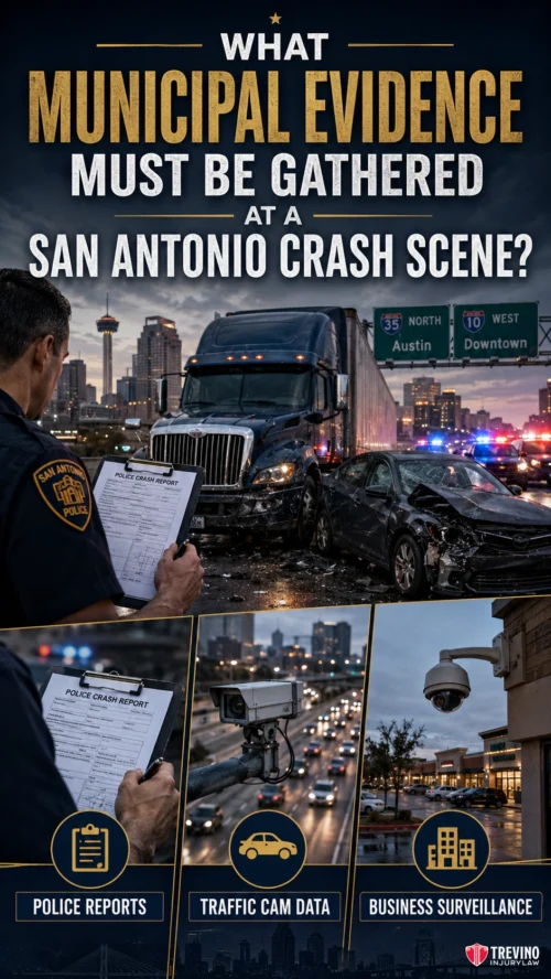 What Municipal Evidence Must Be Gathered at a San Antonio Crash Scene?. A San Antonio police officer fills out a crash report by a damaged car and truck at dusk. Insets show police reports, traffic cameras, and a business surveillance camera, with highway signs and cityscape visible in the background. Text discusses municipal crash evidence.