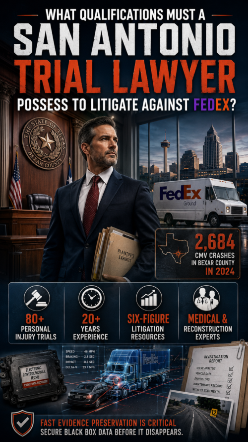 A serious lawyer in a suit stands with a folder labeled "Plaintiff's Attorney" before a San Antonio skyline. Text highlights lawyer qualifications, FedEx, crash stats, years of experience, injury claims, litigation resources, and emphasizes evidence preservation.