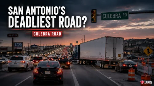 What Road in San Antonio Has the Most Fatal Traffic Crashes?. Heavy traffic fills Culebra Road in San Antonio at sunset, with cars and a large truck at a busy intersection. Shops and traffic cones line the sides. Large text reads, “San Antonio’s Deadliest Road? Culebra Road.”.
