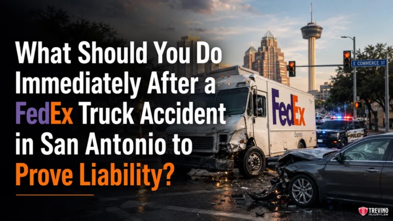 What Should You Do Immediately After a FedEx Truck Accident in San Antonio to Prove Liability?. A damaged FedEx truck and a black car collide at an intersection in San Antonio. Police cars with flashing lights are present. Large text asks what to do after a FedEx truck accident in San Antonio to prove liability. The sky is partly cloudy at sunset.