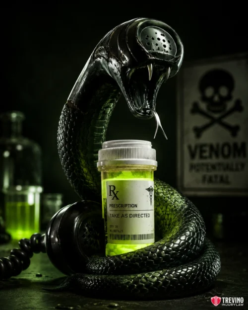 What Should You Say to a Commercial Insurance Adjuster Calling About the Crash? A menacing black snake with fangs bared coils around a glowing green prescription bottle. In the background is a "VENOM POTENTIALLY FATAL" warning and a skull graphic, along with a vial and a rotary phone receiver. Dark, ominous lighting sets a sinister mood.
