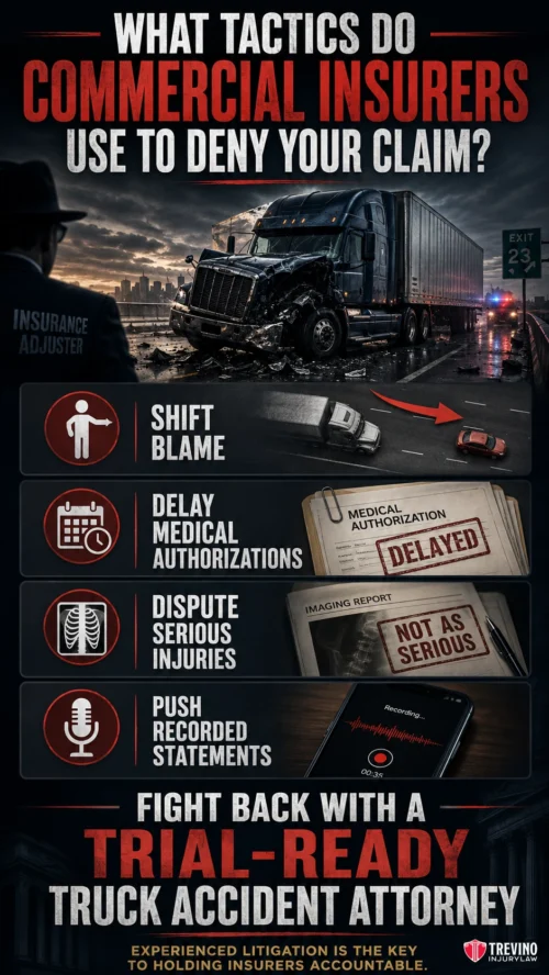 What Tactics Do Commercial Insurers Use to Deny Your Claim?. A large truck accident scene at night is shown with a damaged truck and police car. Icons illustrate four tactics insurers use to deny claims: shift blame, delay medical authorizations, dispute injuries, and push recorded statements. Bold text urges hiring a trial-ready attorney.