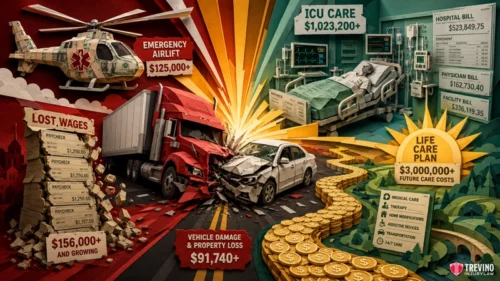 What Types of Economic Damages Can You Recover After a Frontal Truck Collision? A dramatic illustration shows a car crash with piles of bills for emergency airlift, ICU care, hospital and physician bills, lost wages, vehicle damage, and a life care plan leading to millions in costs, visualized by rising stacks of coins and medical imagery.