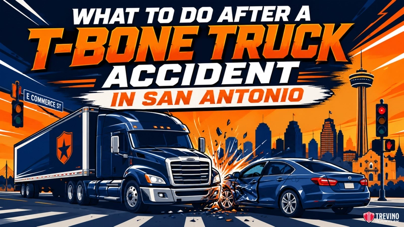 What to do after a T-bone truck accident in San Antonio? A semi-truck and car collide at an intersection in San Antonio, city skyline in background. Text reads: “What to do after a T-bone truck accident in San Antonio.” Traffic lights, street sign, and law firm logo are visible.