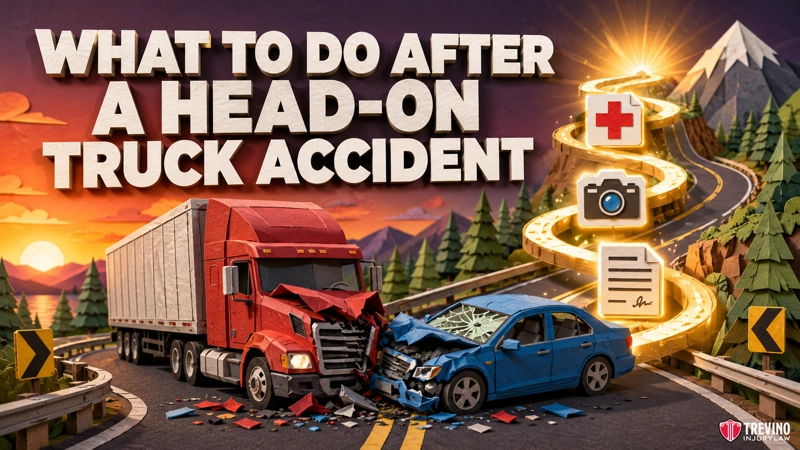 What to do after a head-on truck accident? A red semi-truck and a blue car have collided head-on on a curved mountain road. The bold text reads “What to do after a head-on truck accident.” Icons for medical aid, photos, and a signature appear beside the vehicles. Trees and mountains are in the background.