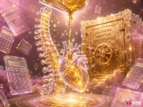 When Does Your Lawyer Send the Settlement Demand Package? A golden spine and heart are surrounded by floating calculators, documents, and a large glowing safe labeled "Maximum Medical Improvement," all set in a dreamy, pink and gold cloud-filled scene. A golden liquid pours onto the spine and heart.