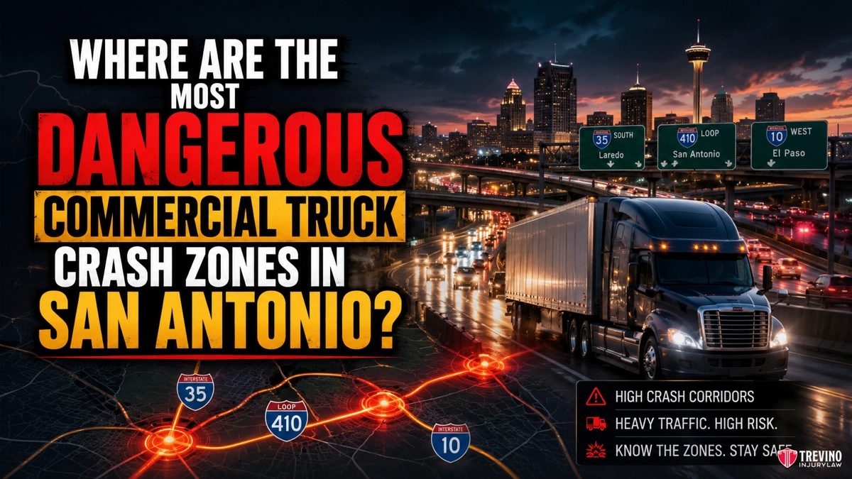 Where Are the Most Dangerous Commercial Truck Crash Zones in San Antonio?. A semi truck drives on a San Antonio highway at night. Text asks, “Where are the most dangerous commercial truck crash zones in San Antonio?” with highlighted highways I-35, Loop 410, I-10 on a lit city map. Icons warn of high crash corridors and heavy traffic.